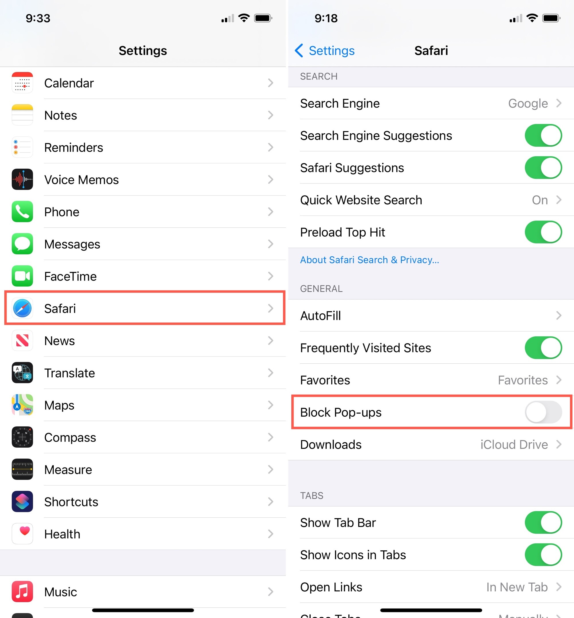 Settings, Safari Unblock Pop-ups on iPhone